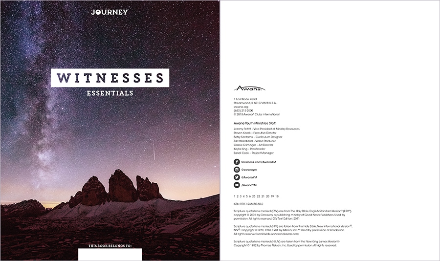AwanaYM Journey Witnesses Essentials - Cover and Copyright