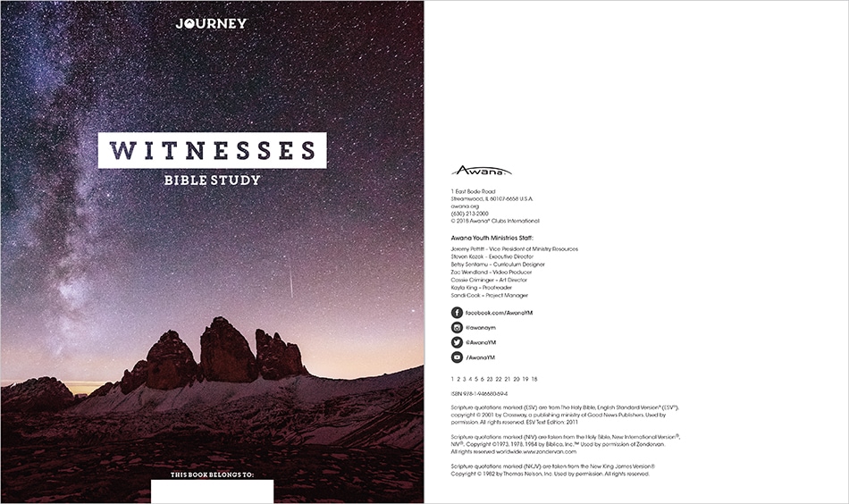 AwanaYM Journey Witnesses Bible Study Cover and Copyright