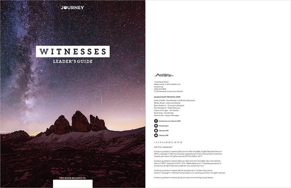 AwanaYM Journey Witnesses Leader Guide Cover and Copyright
