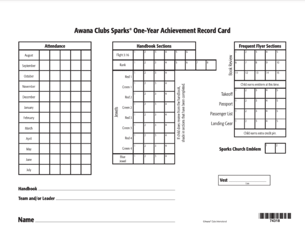 Sparks One-Year Achievement Record Card